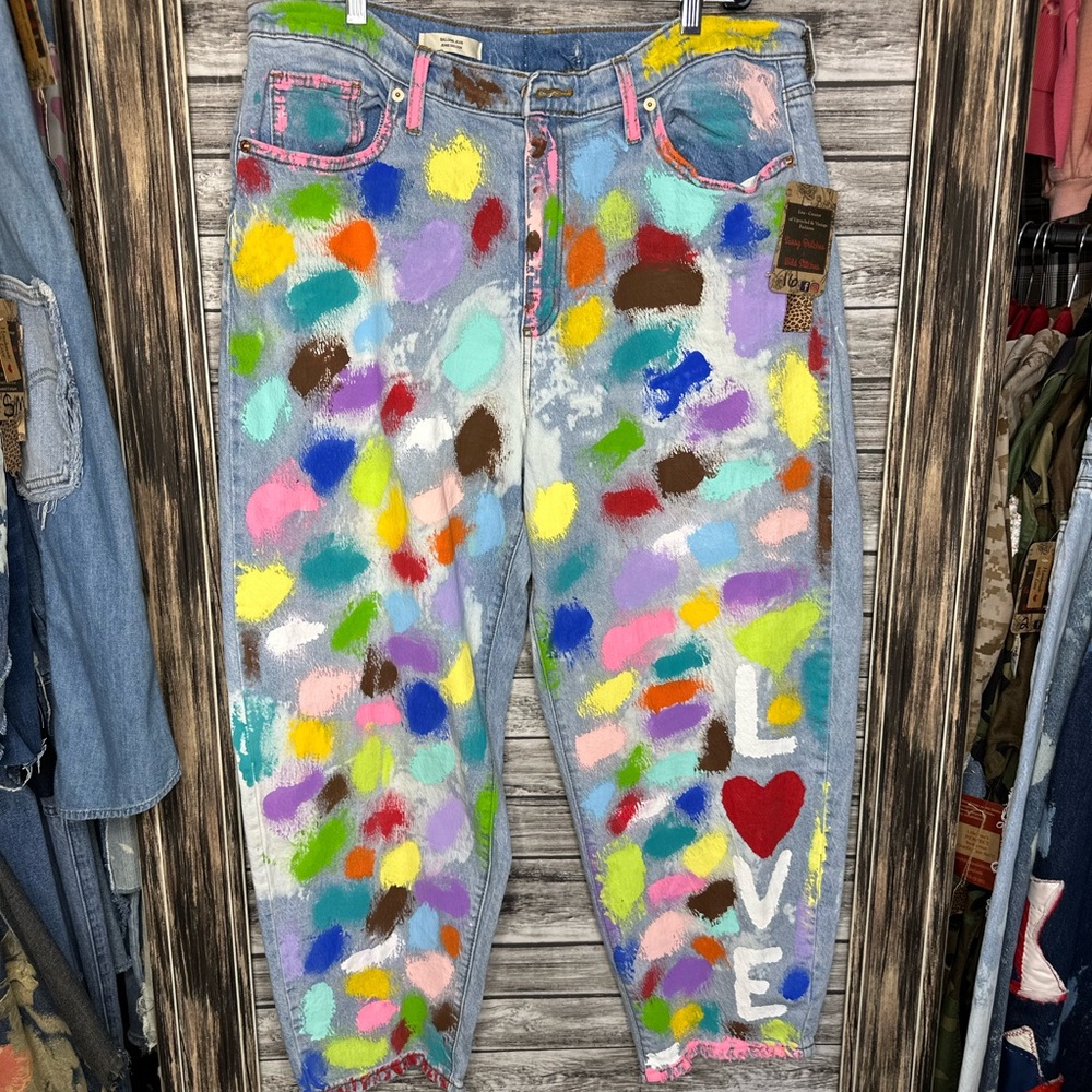 Artisan Handmade UpCycled Repurposed Denim Barrel Balloon Jeans Handpainted 16